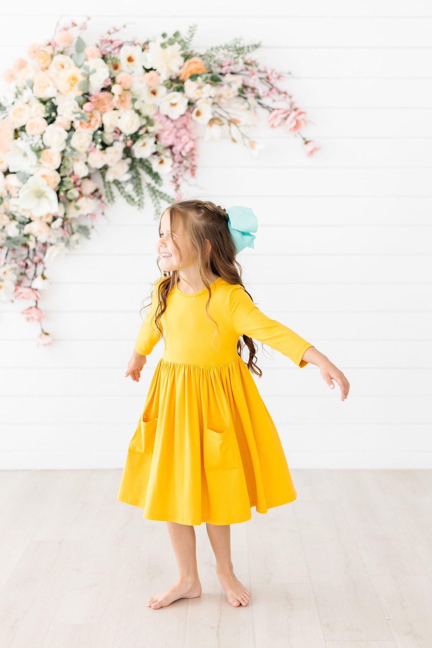 Mustard 3/4 Sleeve Pocket Twirl Dress For Girls