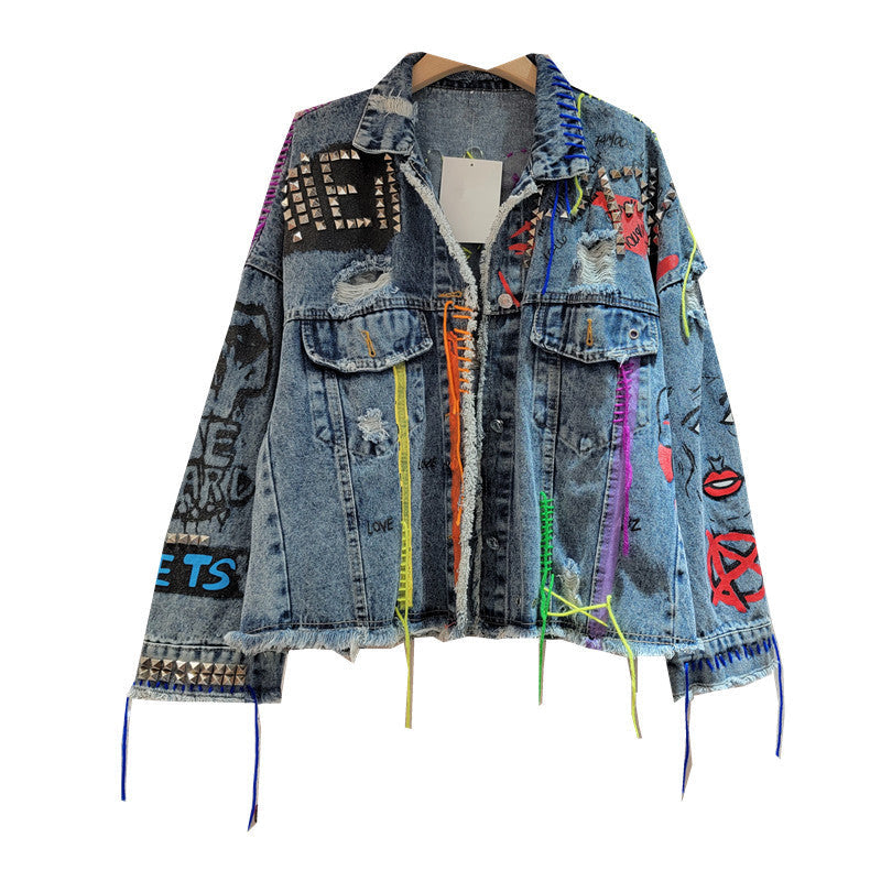 Women's Distressed Denim Jacket – Cropped Loose-Fit Fall Coat, Printed Studded Jean Outerwear