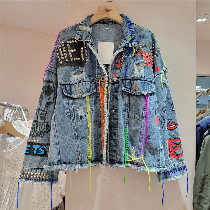 Women's Distressed Denim Jacket – Cropped Loose-Fit Fall Coat, Printed Studded Jean Outerwear