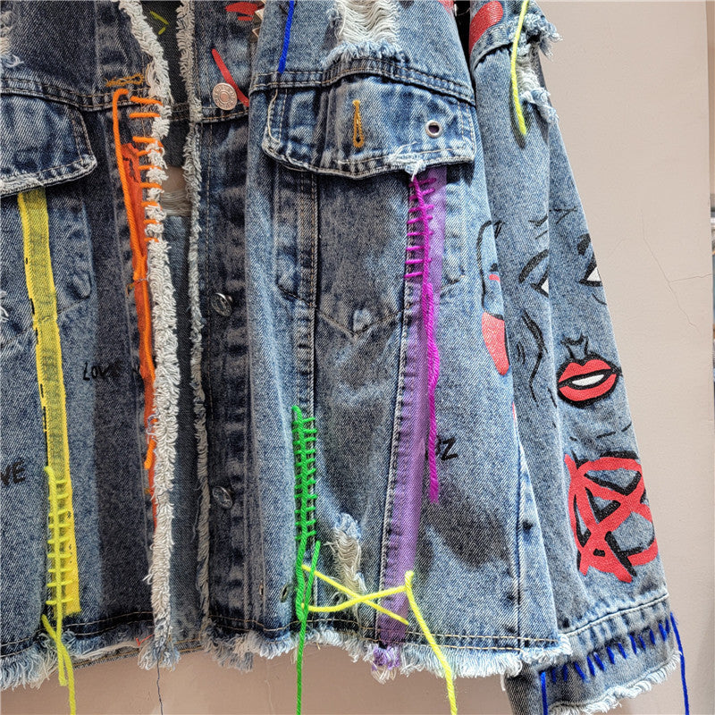 Women's Distressed Denim Jacket – Cropped Loose-Fit Fall Coat, Printed Studded Jean Outerwear