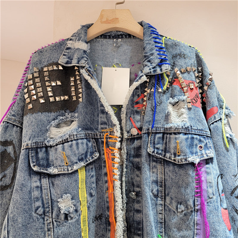Women's Distressed Denim Jacket – Cropped Loose-Fit Fall Coat, Printed Studded Jean Outerwear