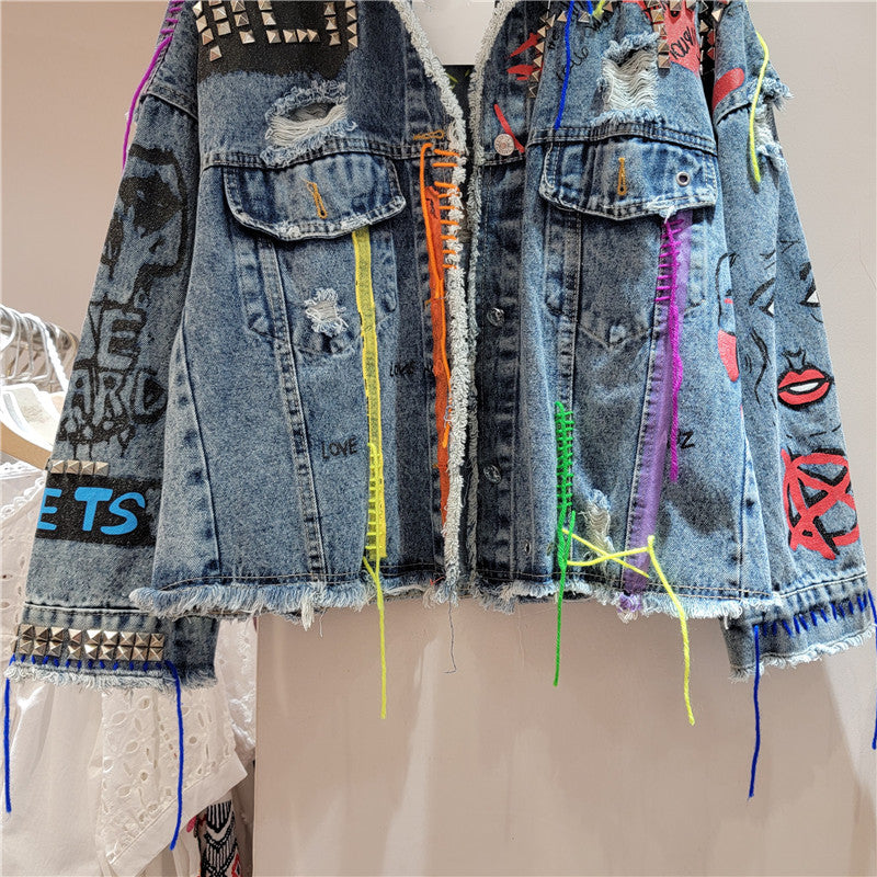 Women's Distressed Denim Jacket – Cropped Loose-Fit Fall Coat, Printed Studded Jean Outerwear