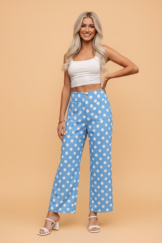 Polka Dot Patch Pocket Straight Leg Pants