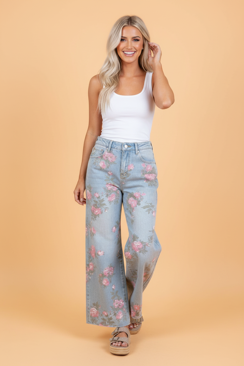 Floral Print Wide-Leg Low-Rise Jeans | Sky Blue