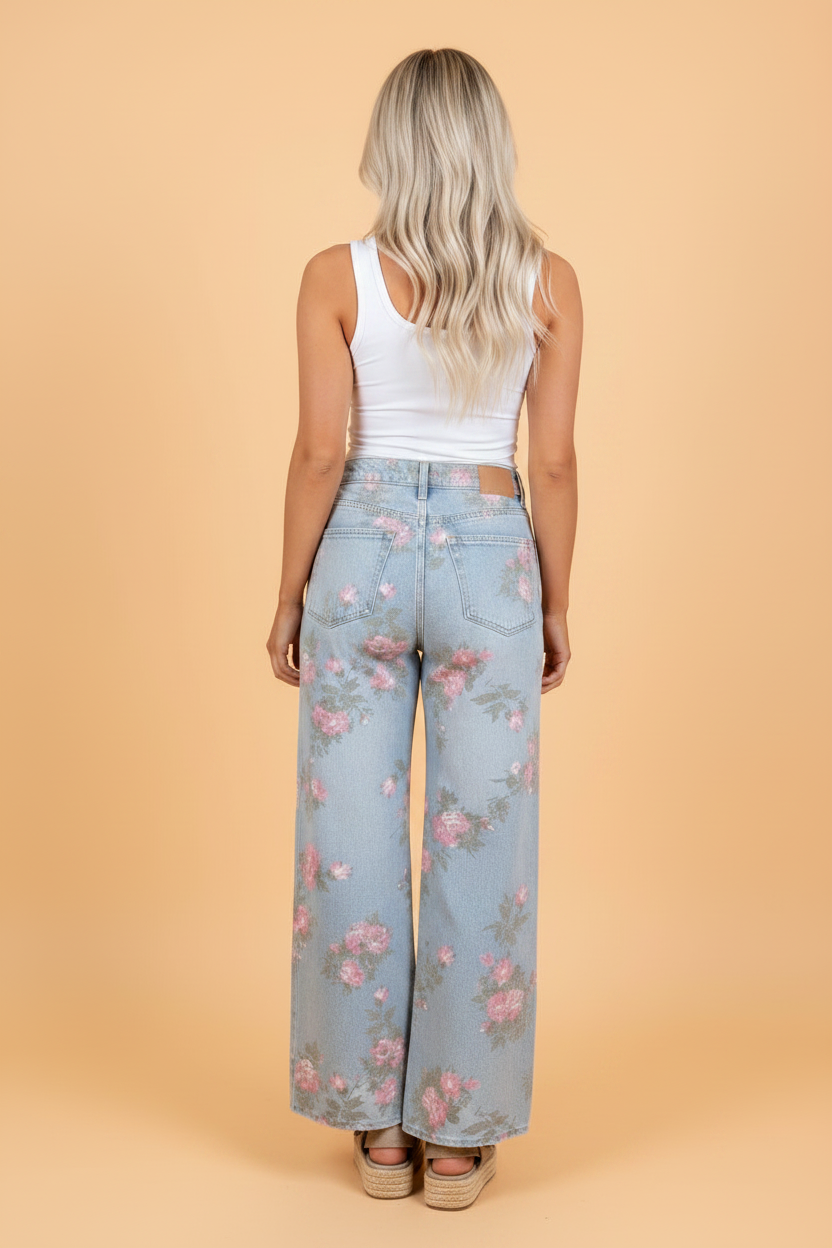 Floral Print Wide-Leg Low-Rise Jeans | Sky Blue