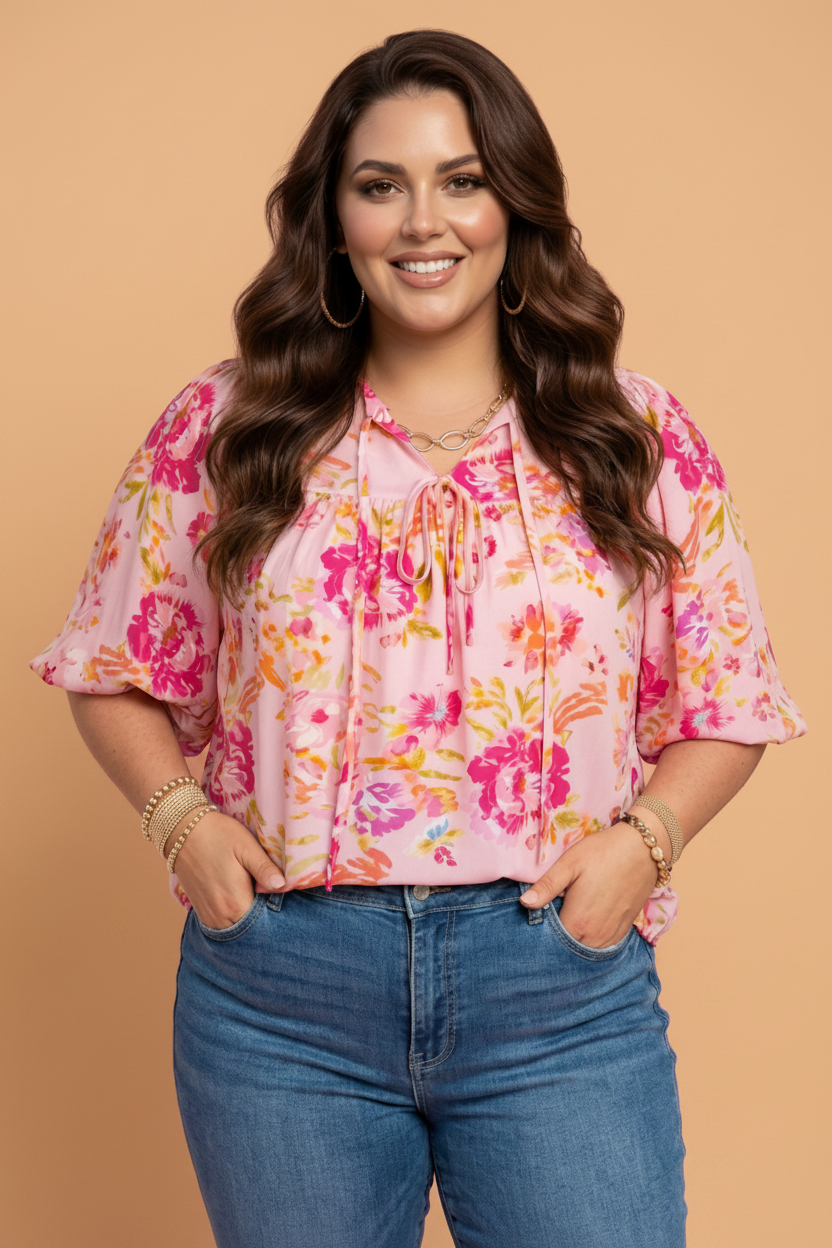 Plus Size Floral Tie V-Neck Puff Sleeve Top