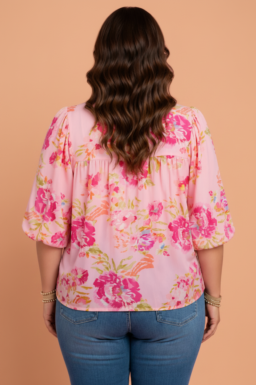 Plus Size Floral Tie V-Neck Puff Sleeve Top