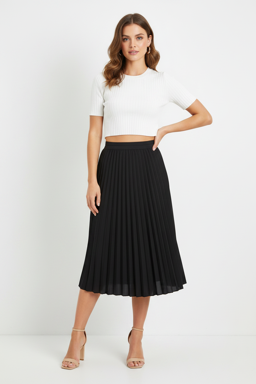Classic Black Pleated Midi Skirt 27" | Sizes XXS–4X