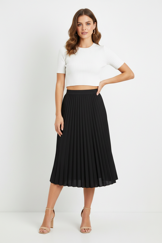 Classic Black Pleated Midi Skirt 27" | Sizes XXS–4X