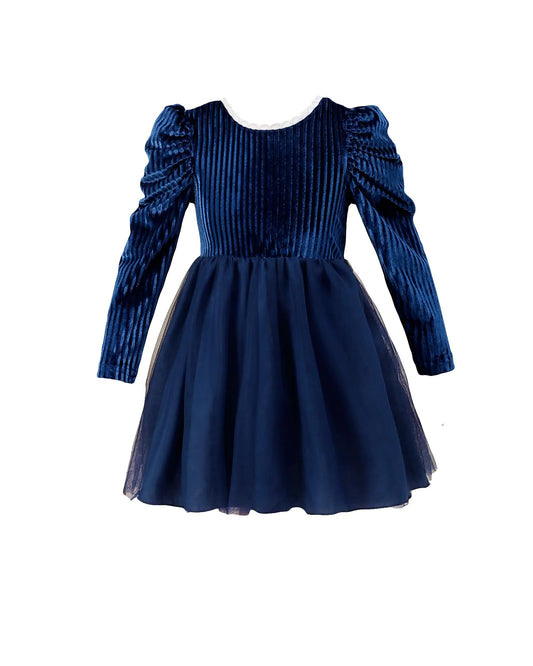 Toddler Baby Girl Dress Backless Tutu Fall Dresses-Blue Velvet Long Sleeve Dress-