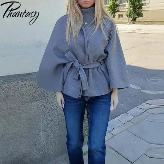 Phantasy Elegant Grey Lace Up Woolen Coats Women Stand Collar Full Sleeve Jackets Autumn Winter Outerwear Female Tops 2025