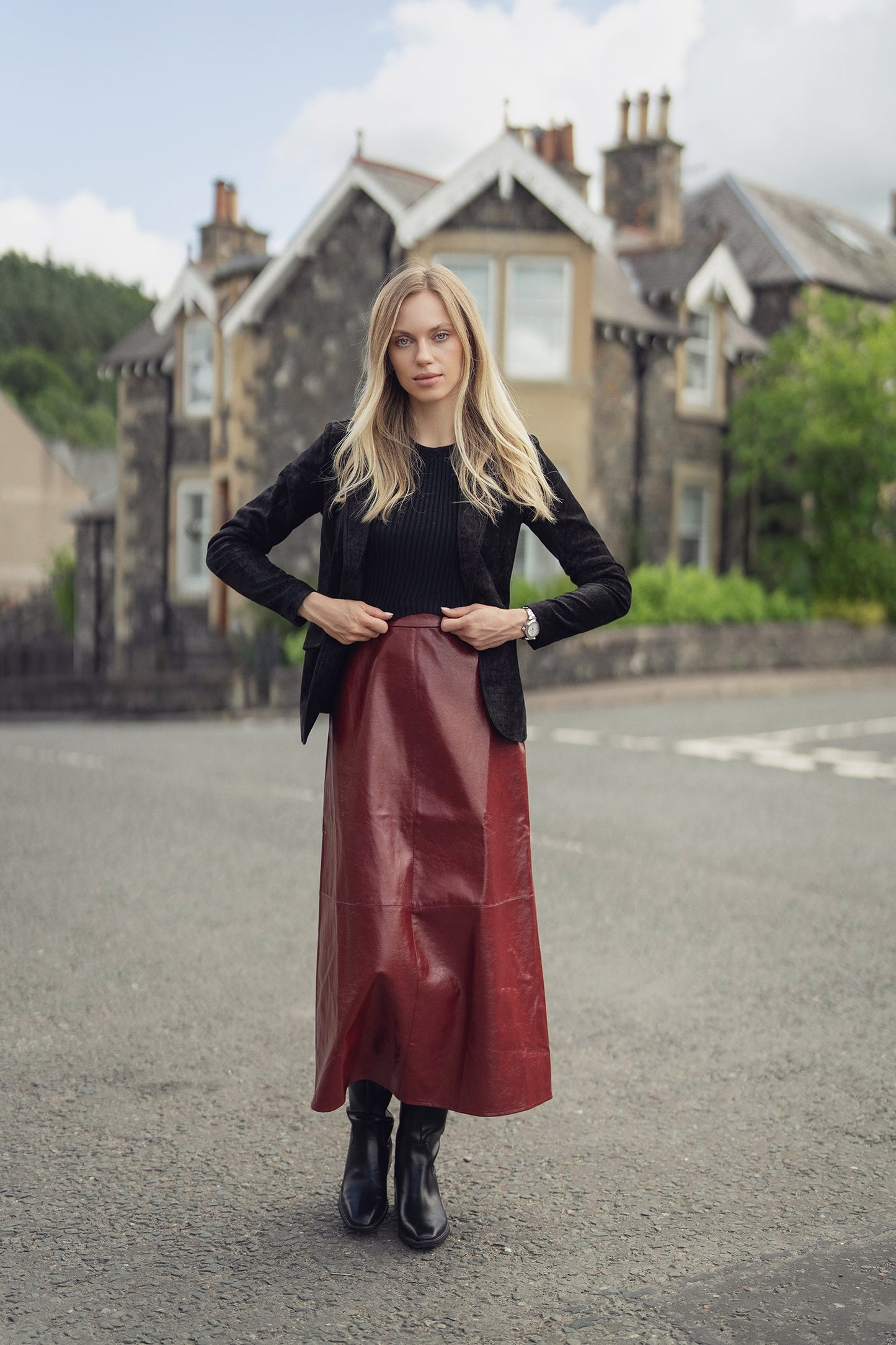 Coated Faux Leather A-Line Skirt-Burgundy-0