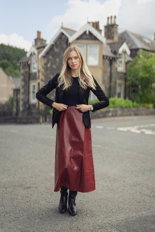 Coated Faux Leather A-Line Skirt-Burgundy-0