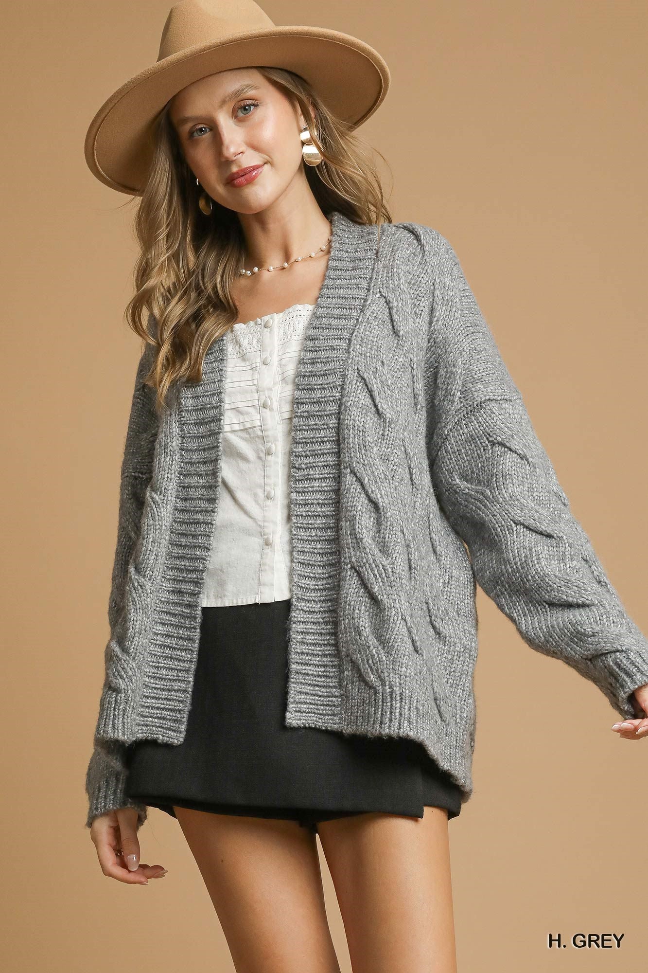 Umgee Chunky Cable Knit Open Front Cardigan - Cozy Oversized Sweater