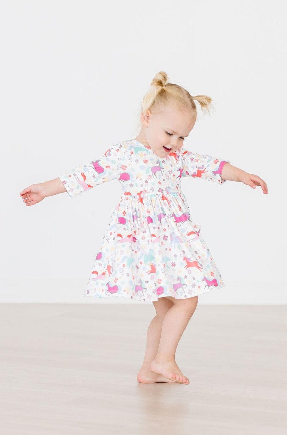 Unicorn 3/4 Sleeve Pocket Twirl Dress