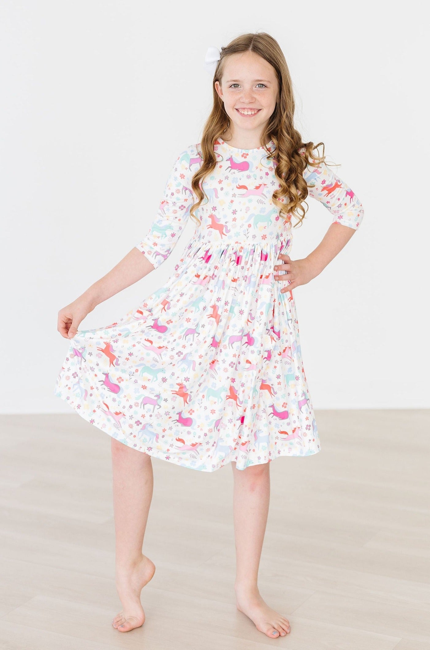 Unicorn 3/4 Sleeve Pocket Twirl Dress