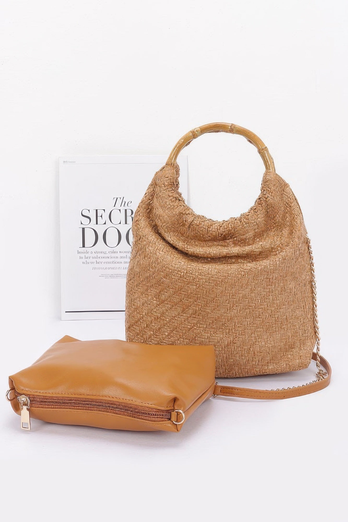 CHELSEA Faux Straw Bamboo Handle Handbag