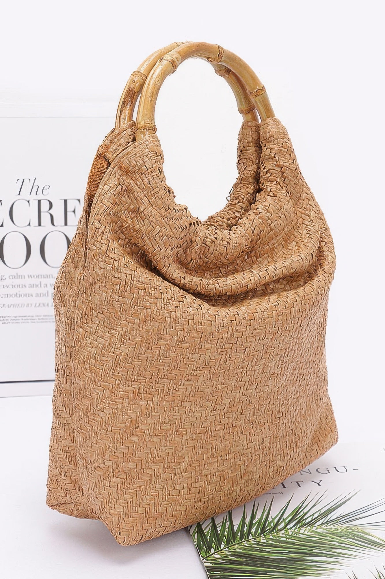 CHELSEA Faux Straw Bamboo Handle Handbag