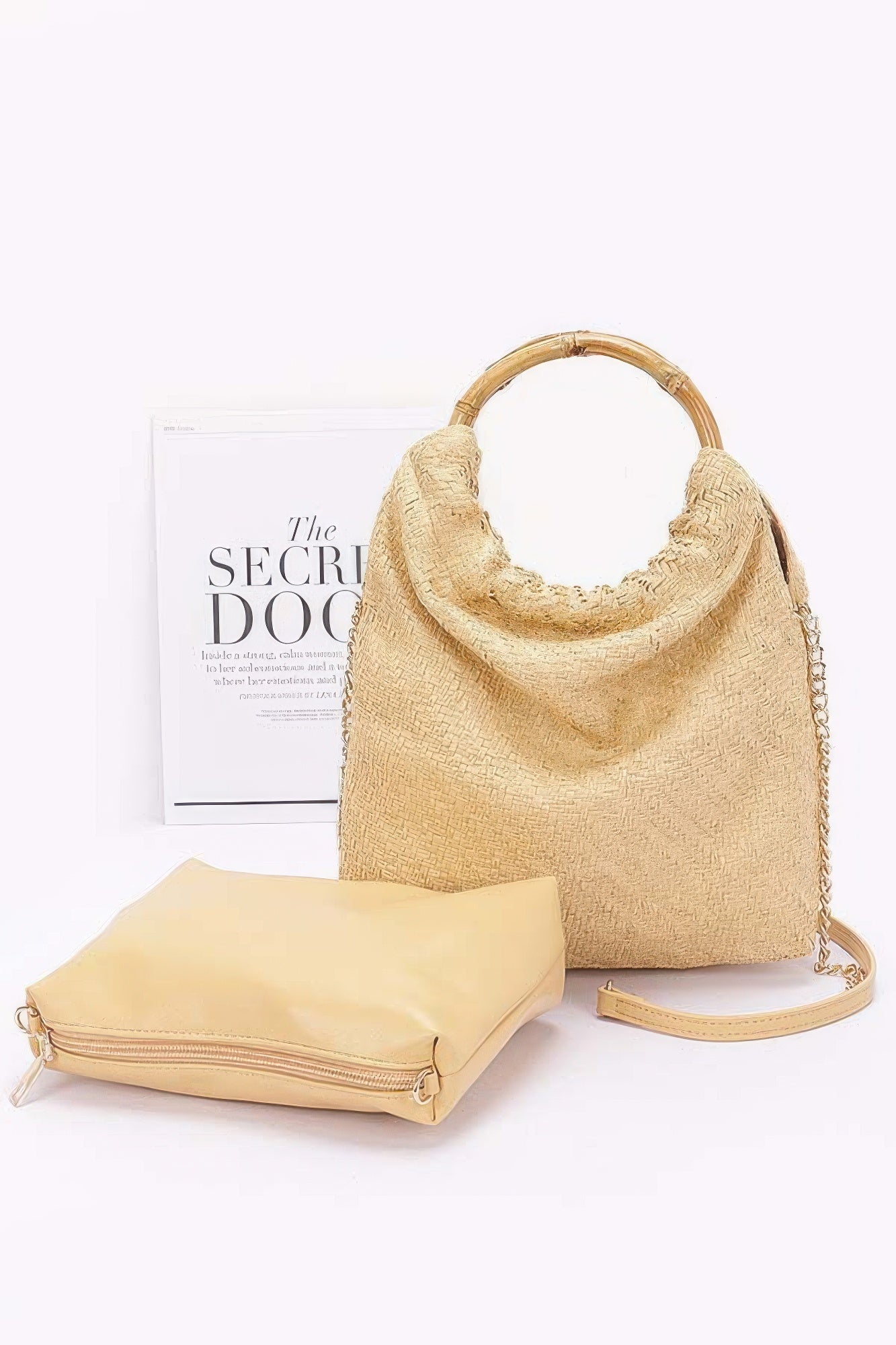 CHELSEA Faux Straw Bamboo Handle Handbag