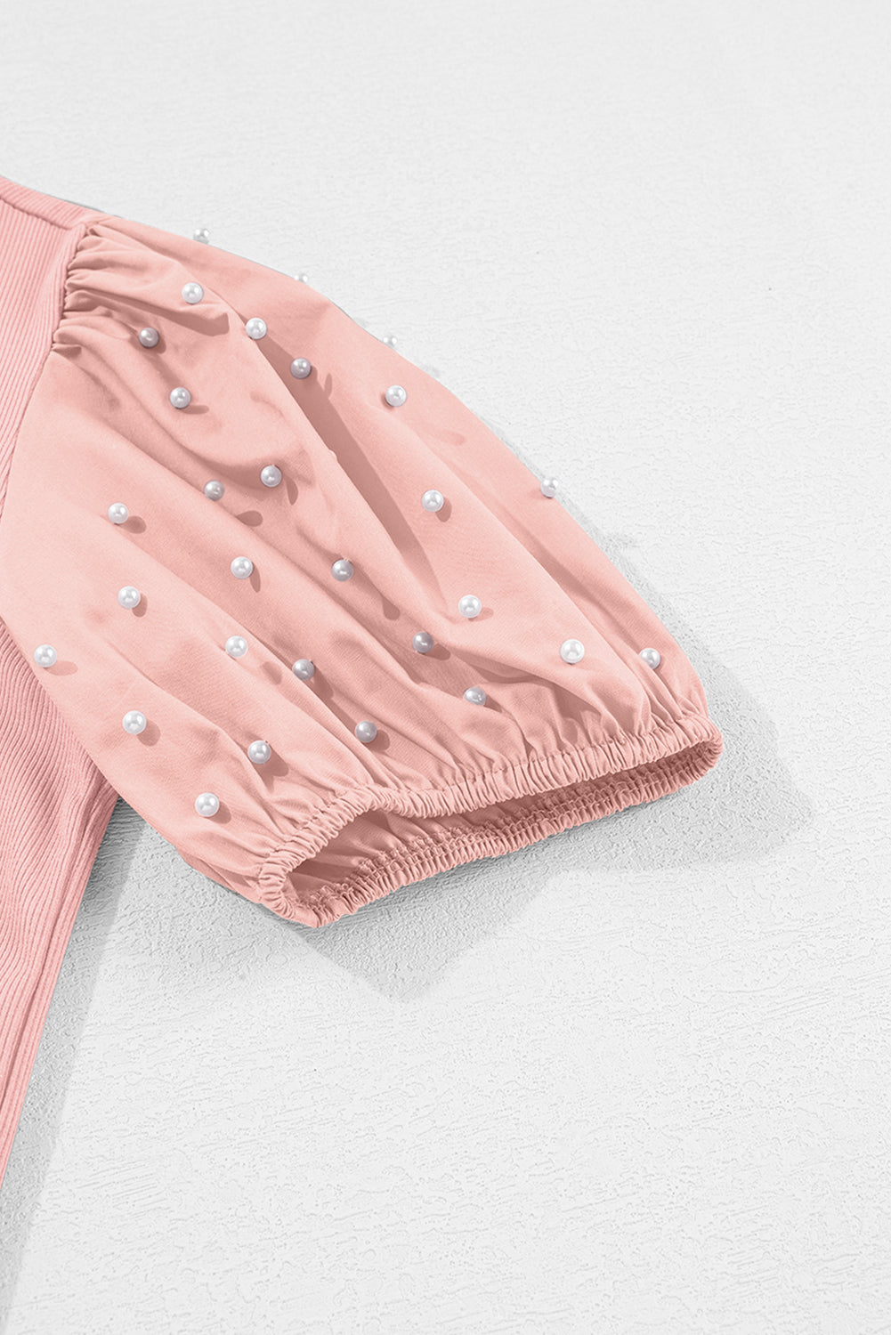 Pearl Beaded Puff Sleeve Ribbed Knit Top