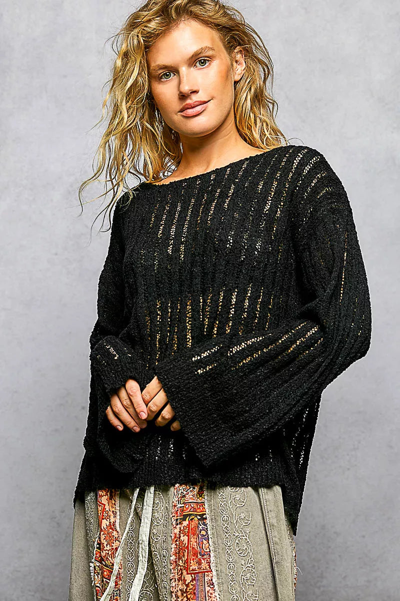 POL Open-Weave Long Sleeve Sweater in Black