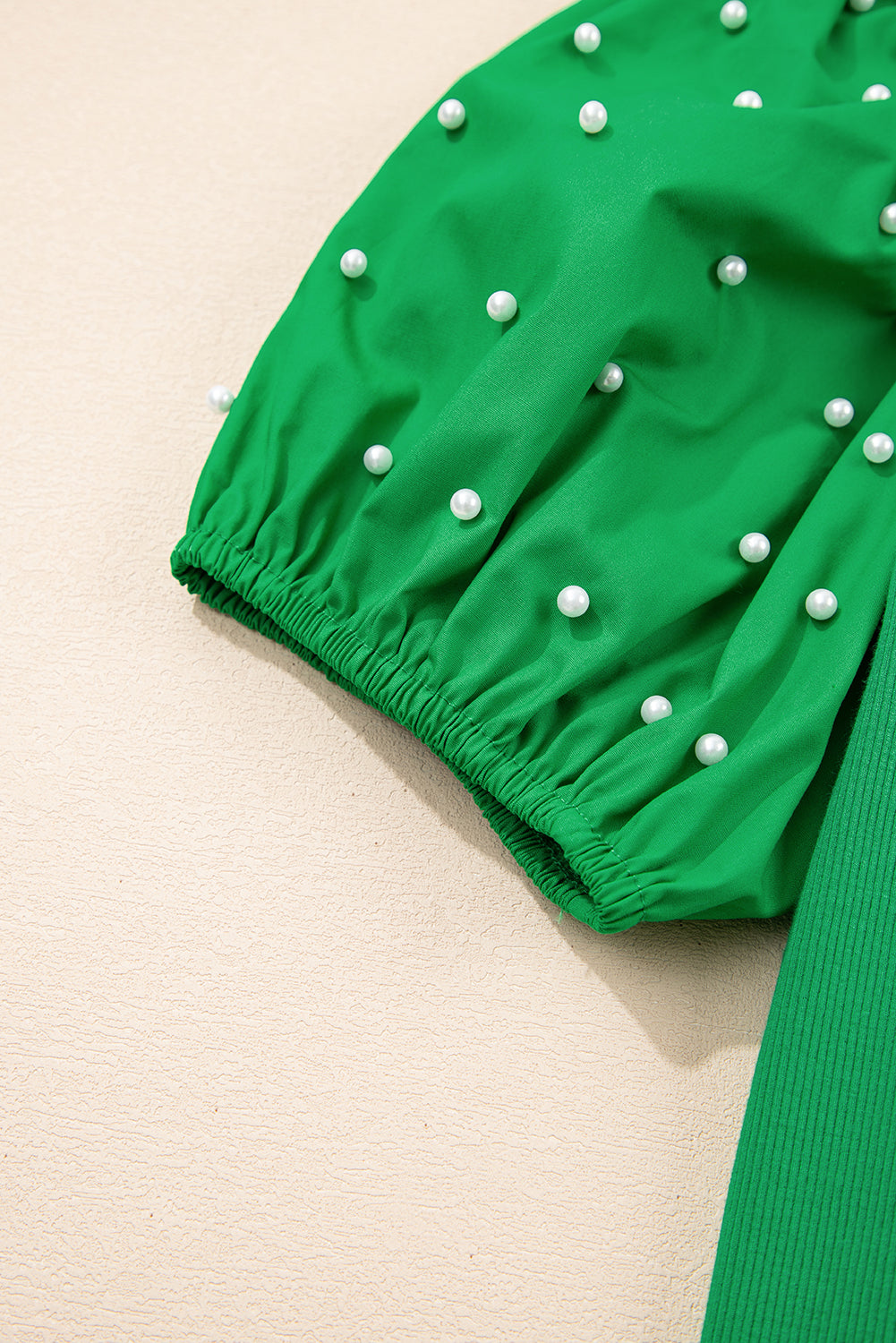 Pearl Beaded Puff Sleeve Ribbed Knit Top