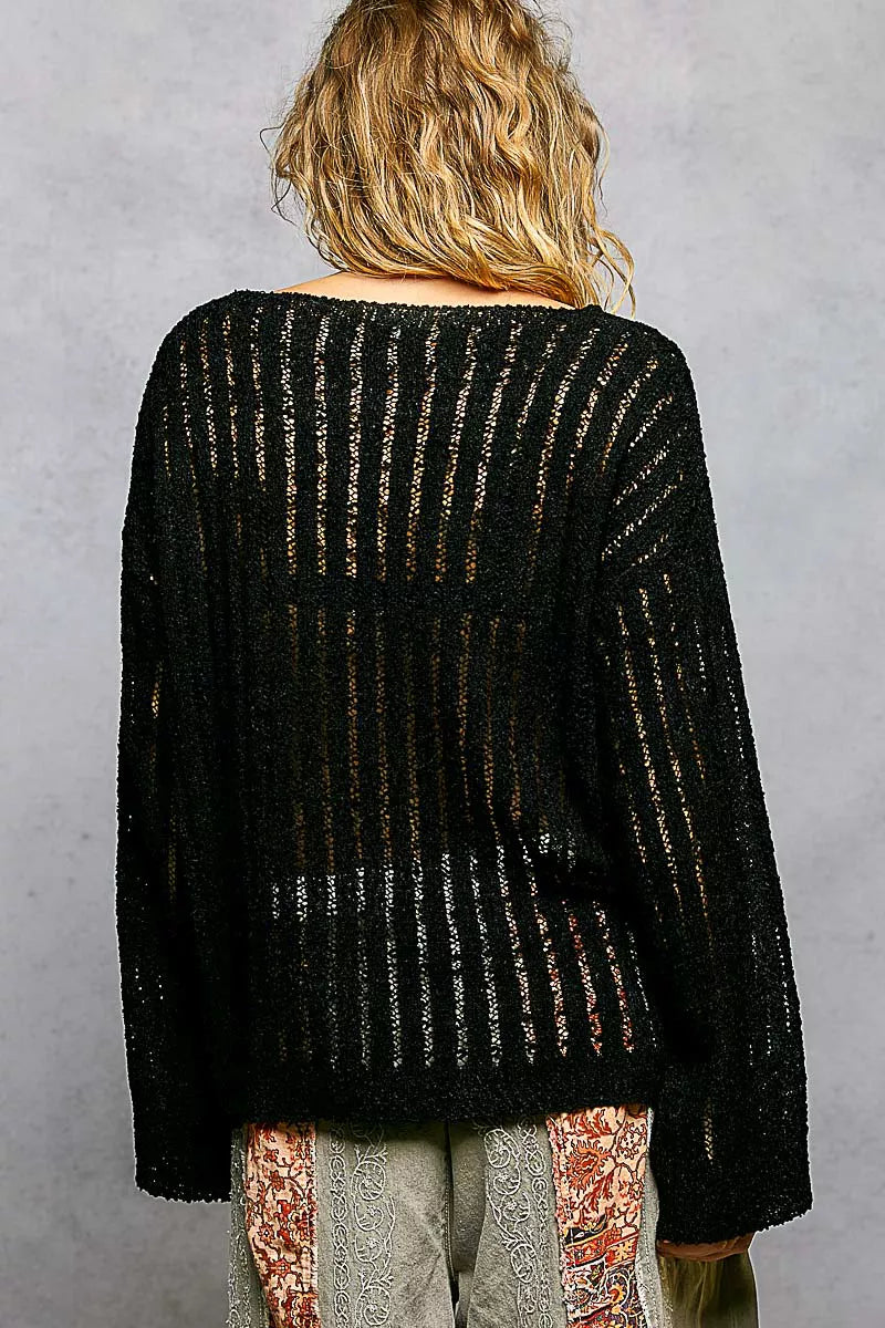 POL Open-Weave Long Sleeve Sweater in Black