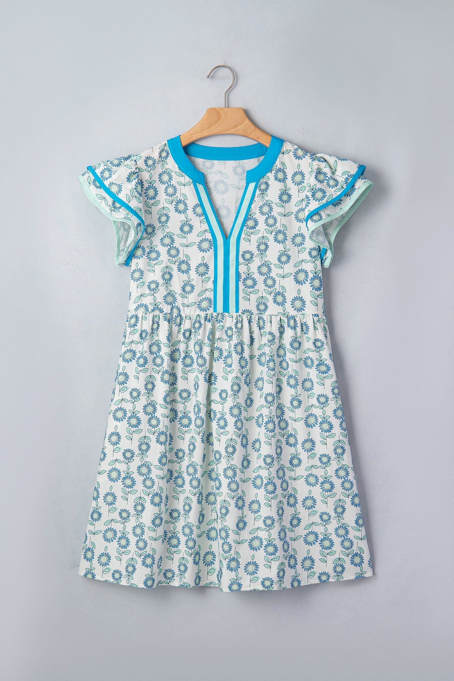 Floral Contrast Trim V-Neck Flutter Sleeve Mini Dress