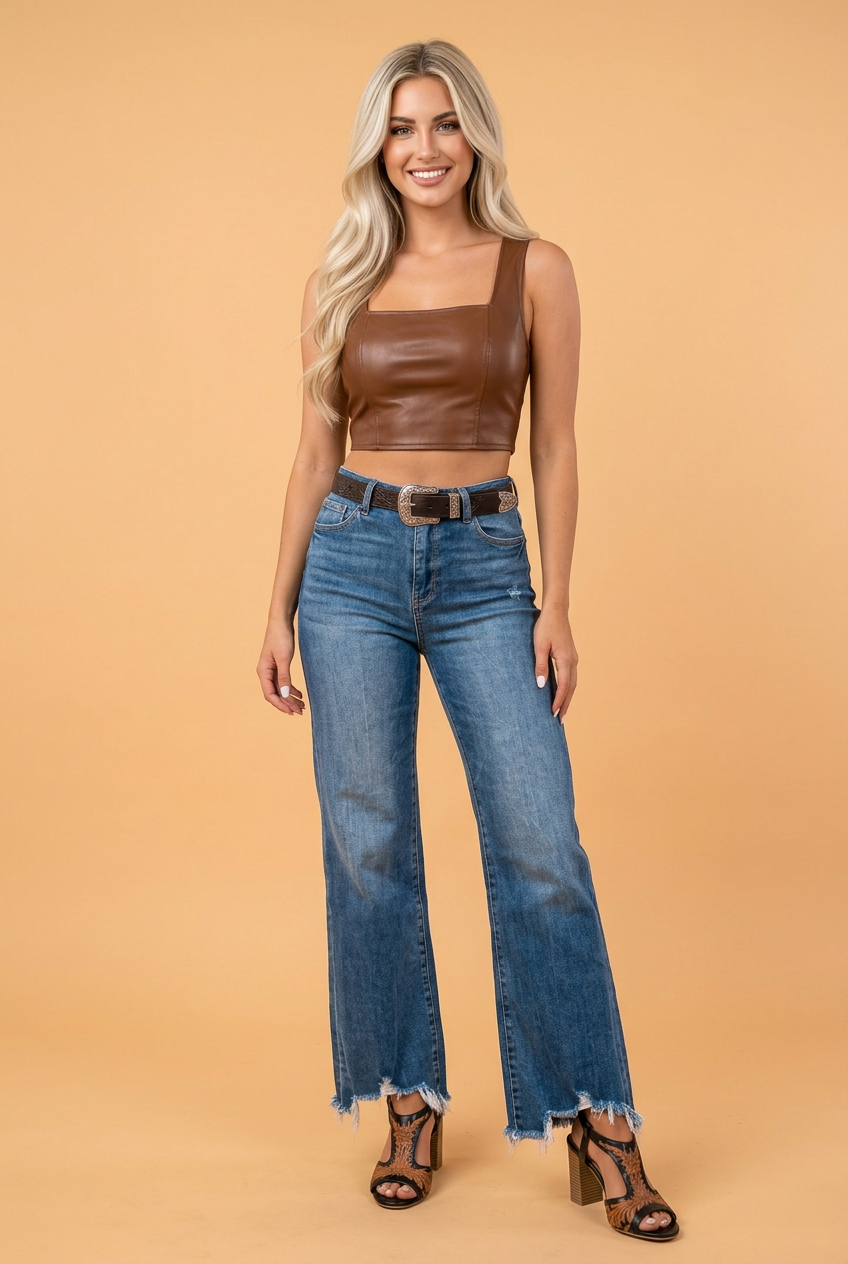 Denim High Waist Frayed Hem Flare Jeans