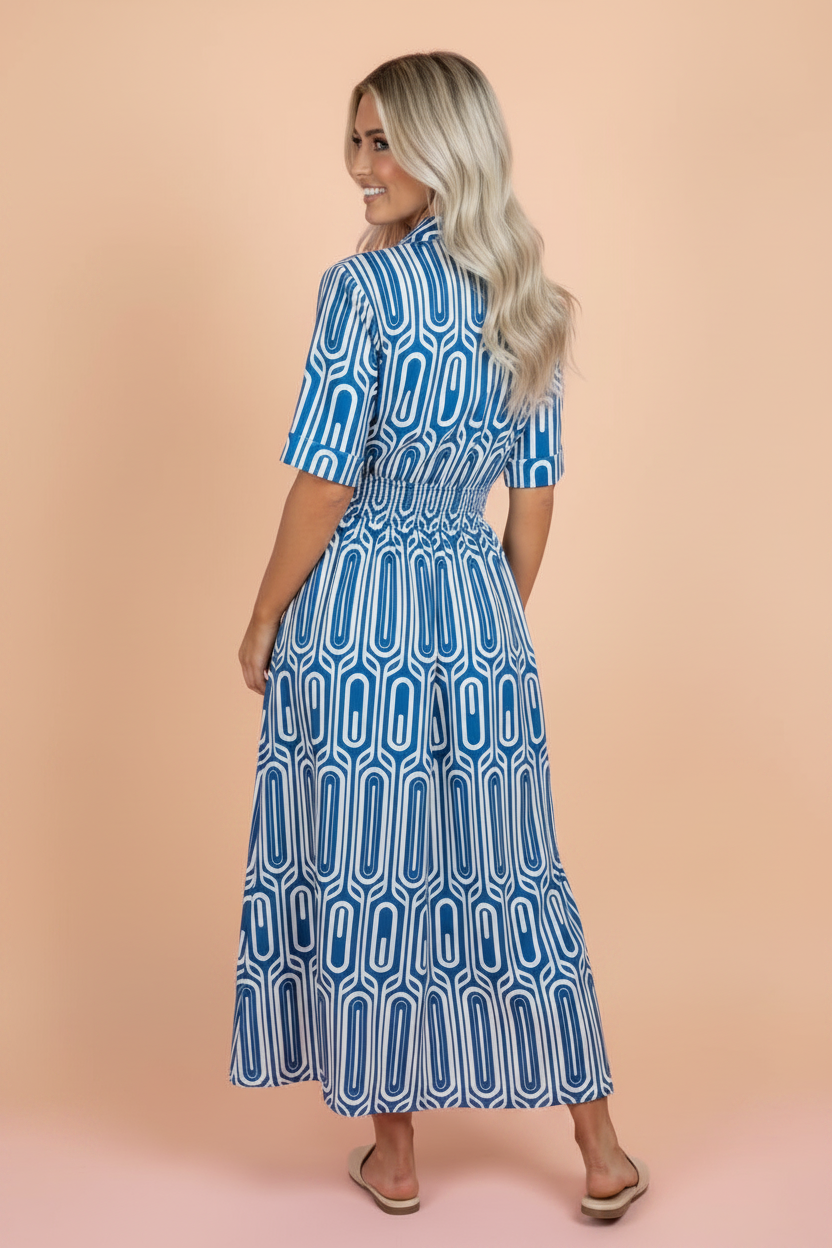 Geometric Drawstring Waist Short Sleeve Midi Dress