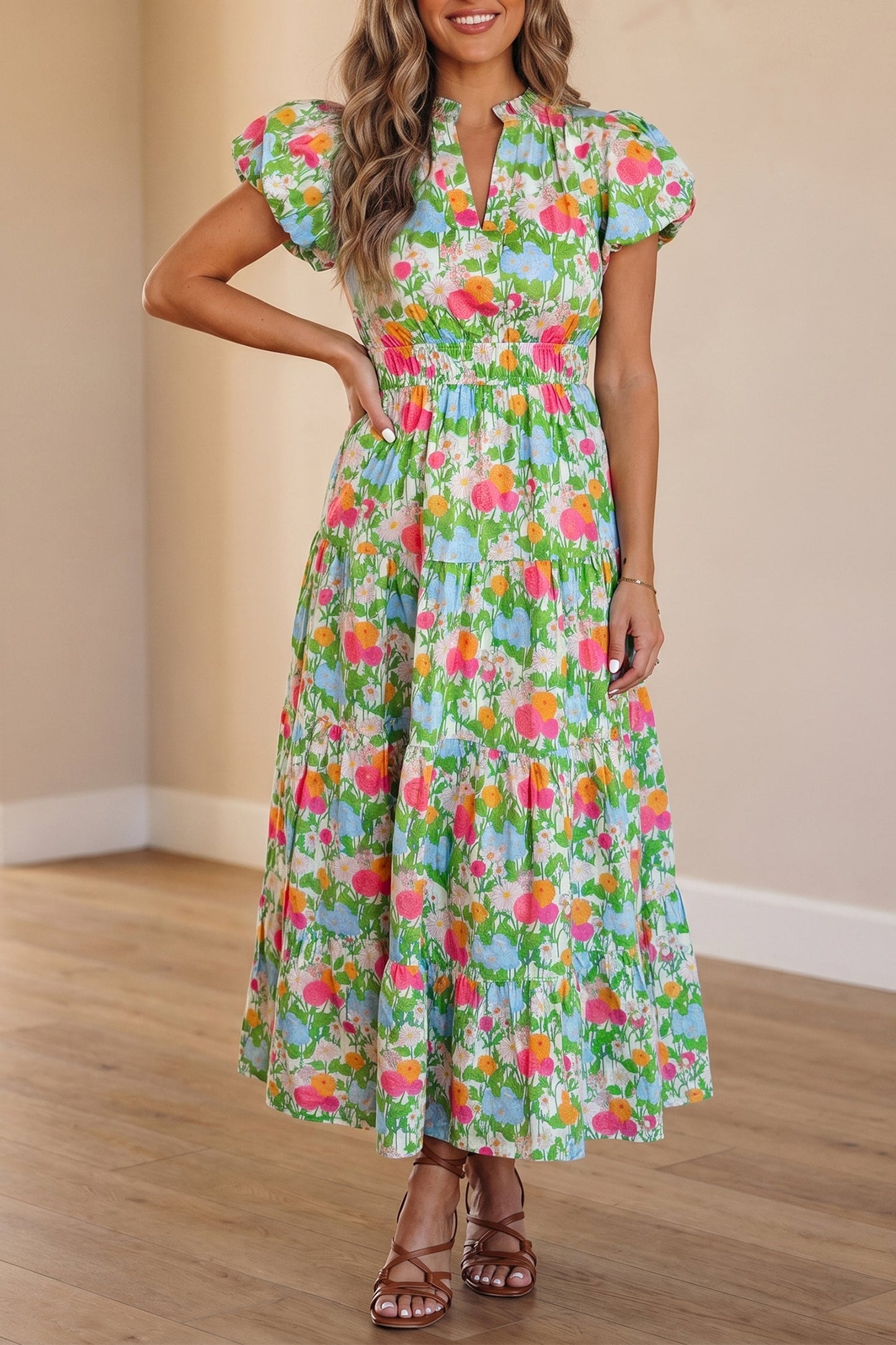 Floral V-Neck Short Puff Sleeve Maxi Dress
