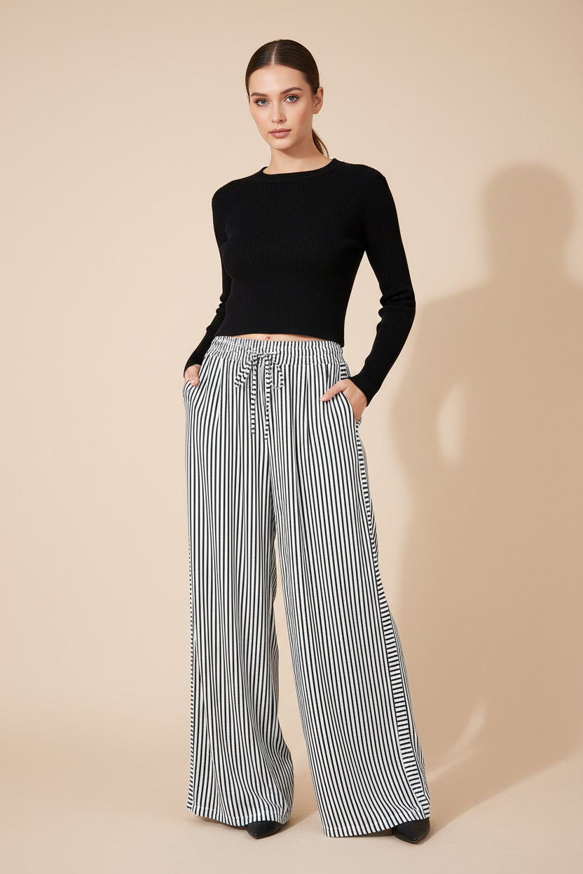 Stripe Wide Leg Elastic Drawstring Pants
