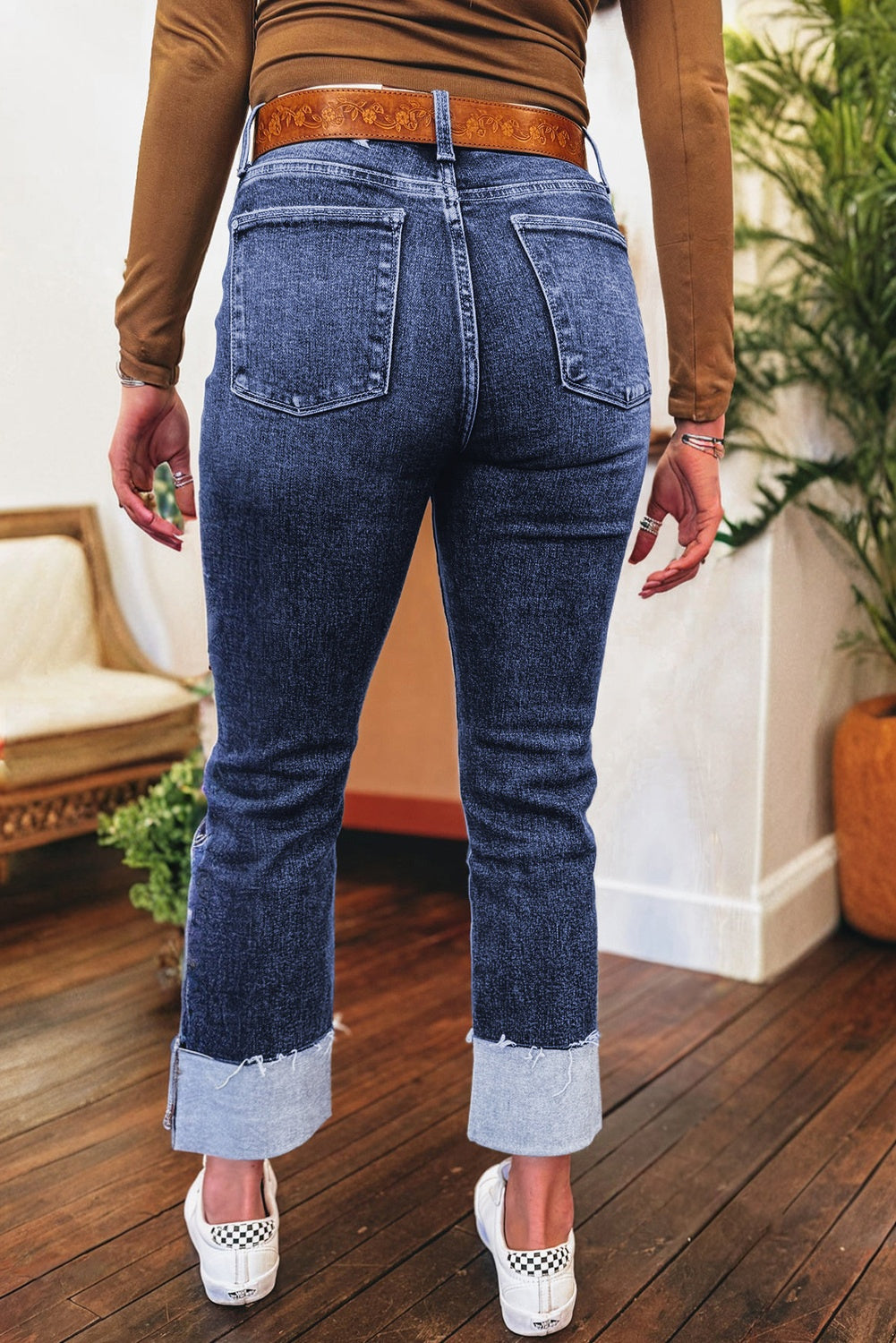 Jacy Cuffs Distressed Straight High Waist Jeans-1