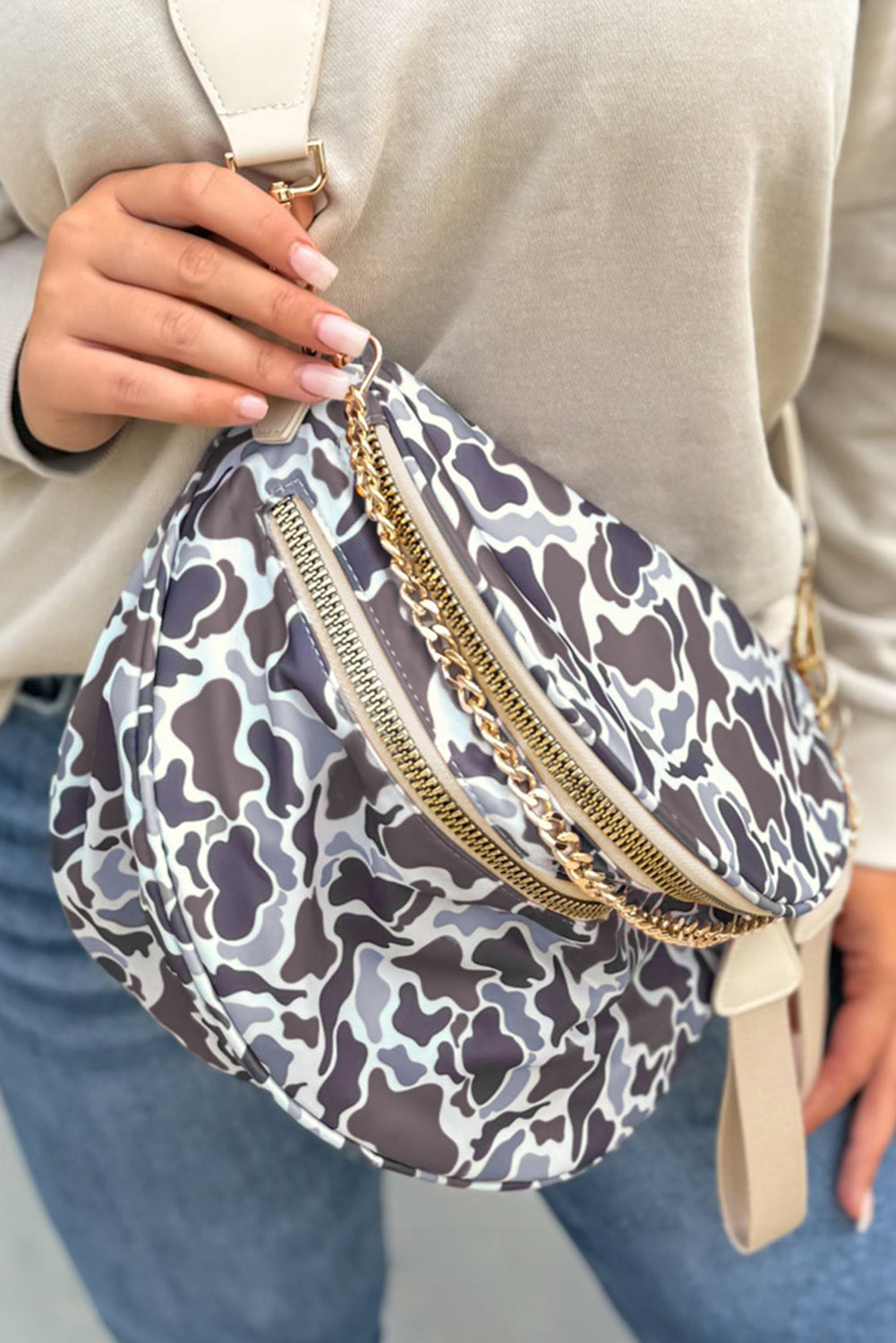 Camel Polka Dot Print Double Zip Fashion Crossbody Bag