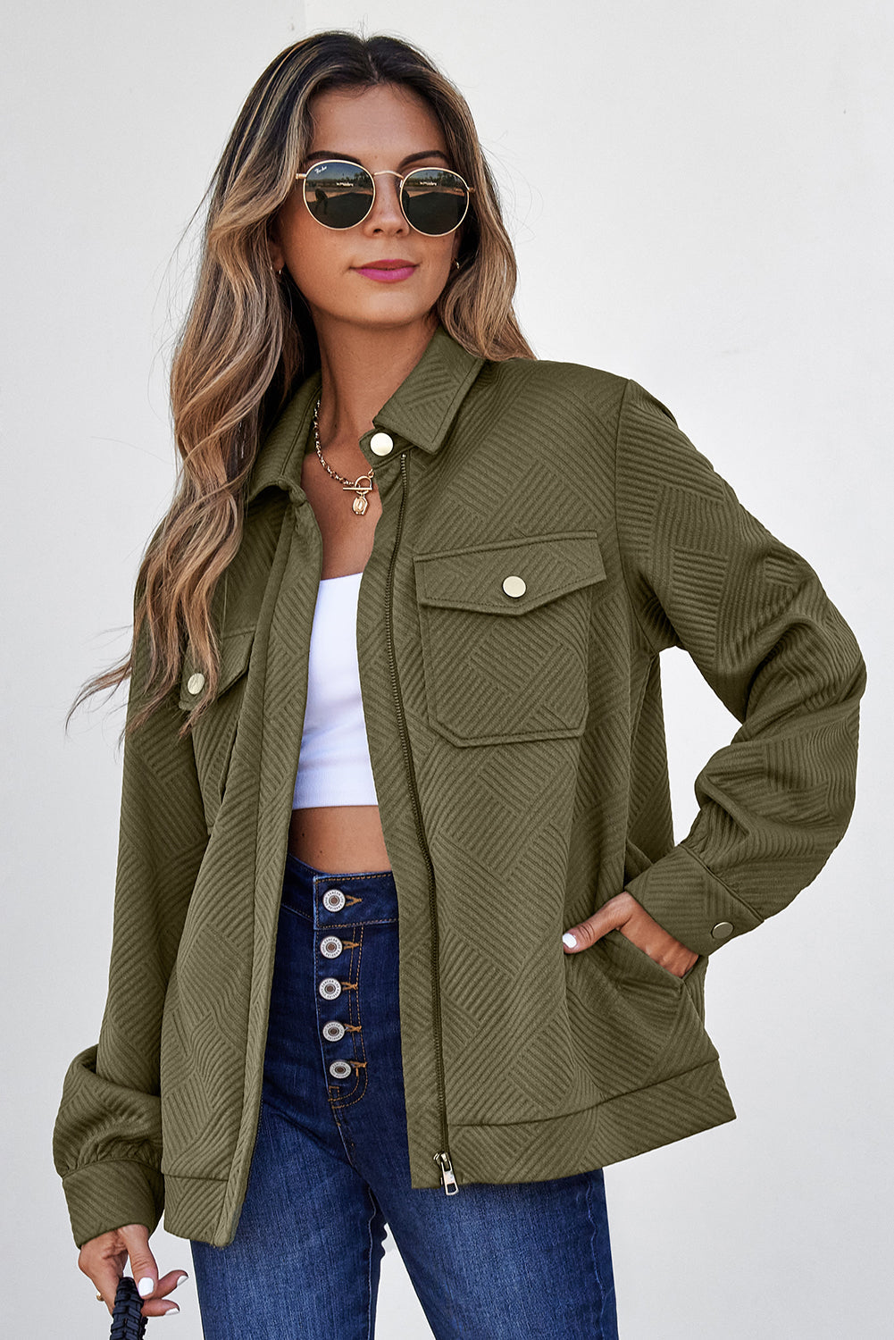 Solid Flap Pocket Shirt Collar Zip Up Jacket