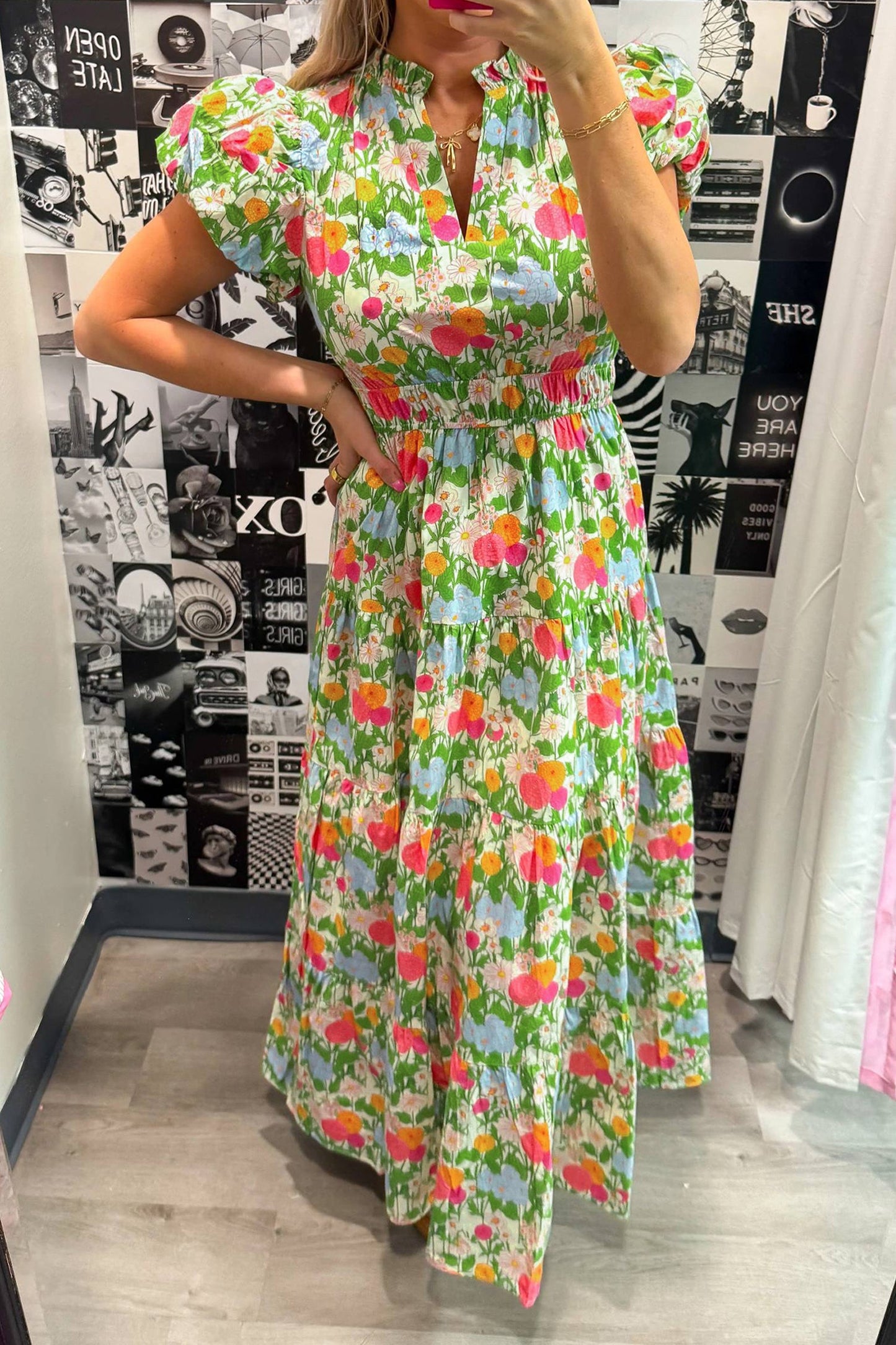 Floral V-Neck Short Puff Sleeve Maxi Dress