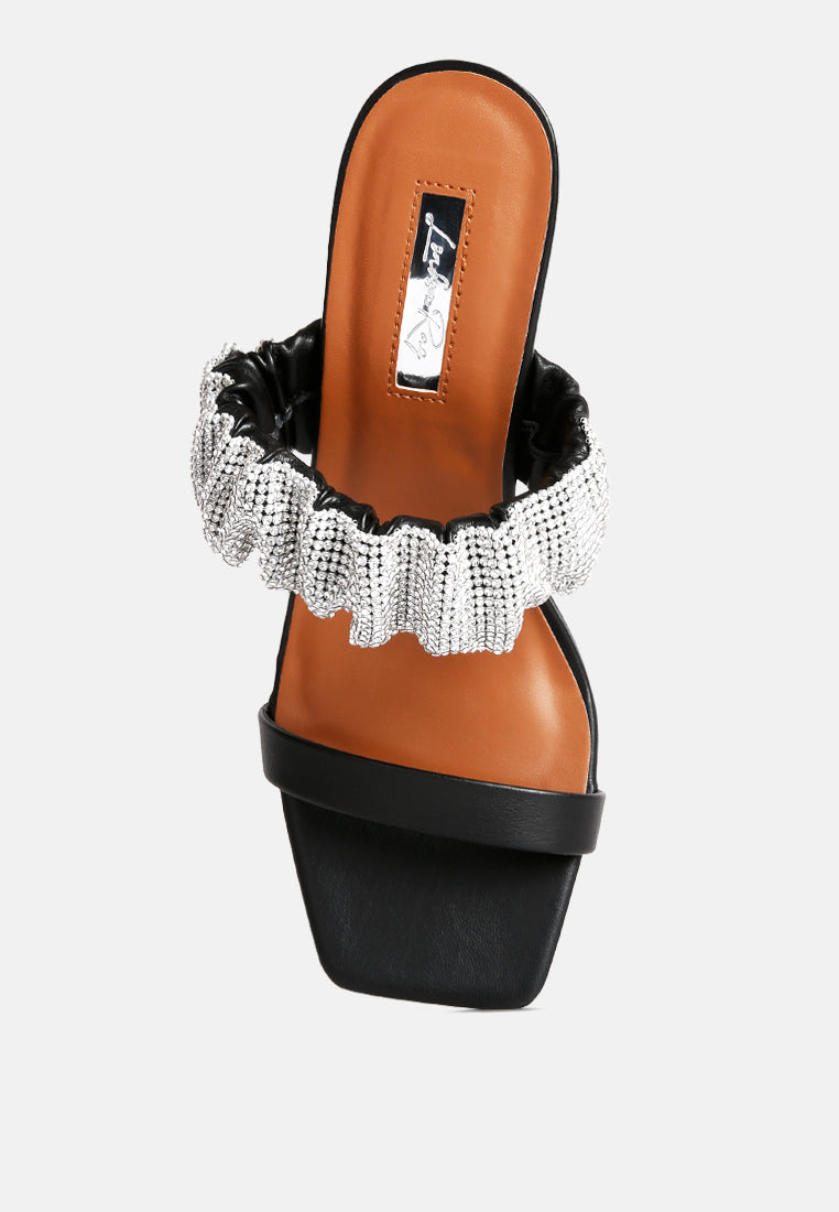 Diamante Ruched Strap Kitten Heel Sandals