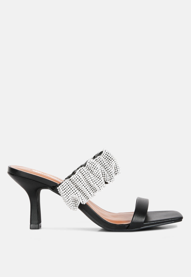 Diamante Ruched Strap Kitten Heel Sandals