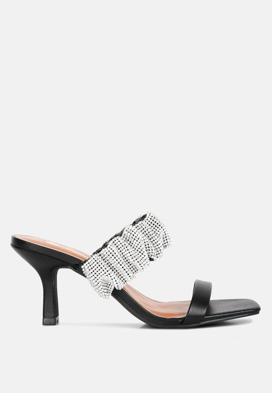 Diamante Ruched Strap Kitten Heel Sandals