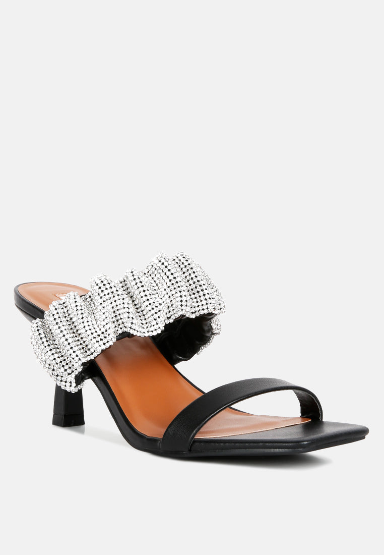 Diamante Ruched Strap Kitten Heel Sandals