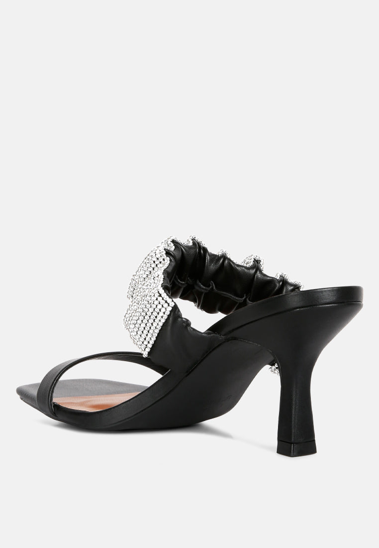 Diamante Ruched Strap Kitten Heel Sandals