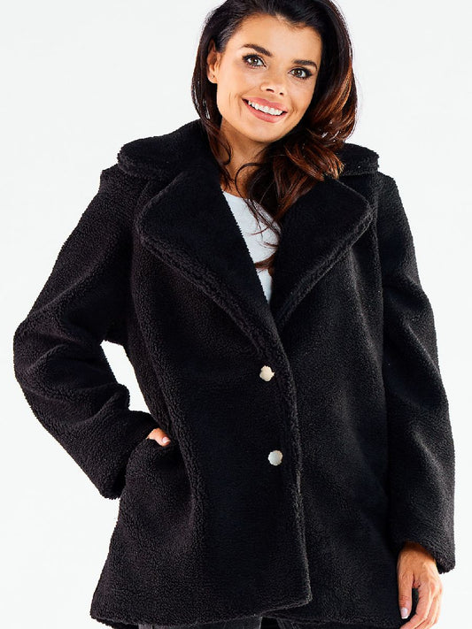 Black Faux-Fur Hip-Length Coat