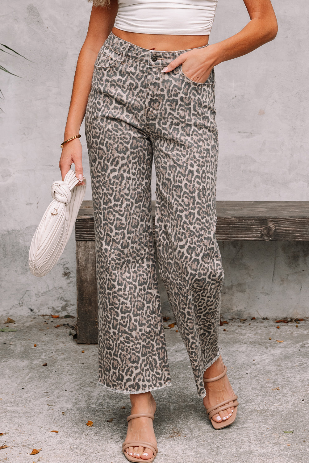 Brianna Leopard Frayed Edge Wide Leg High Waist Jeans-4