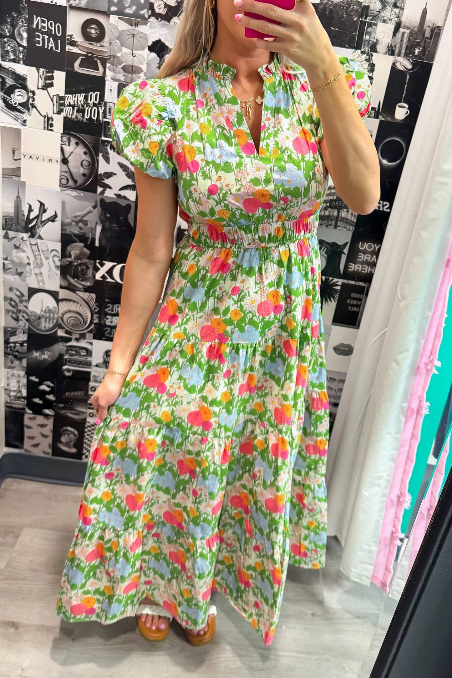 Floral V-Neck Short Puff Sleeve Maxi Dress