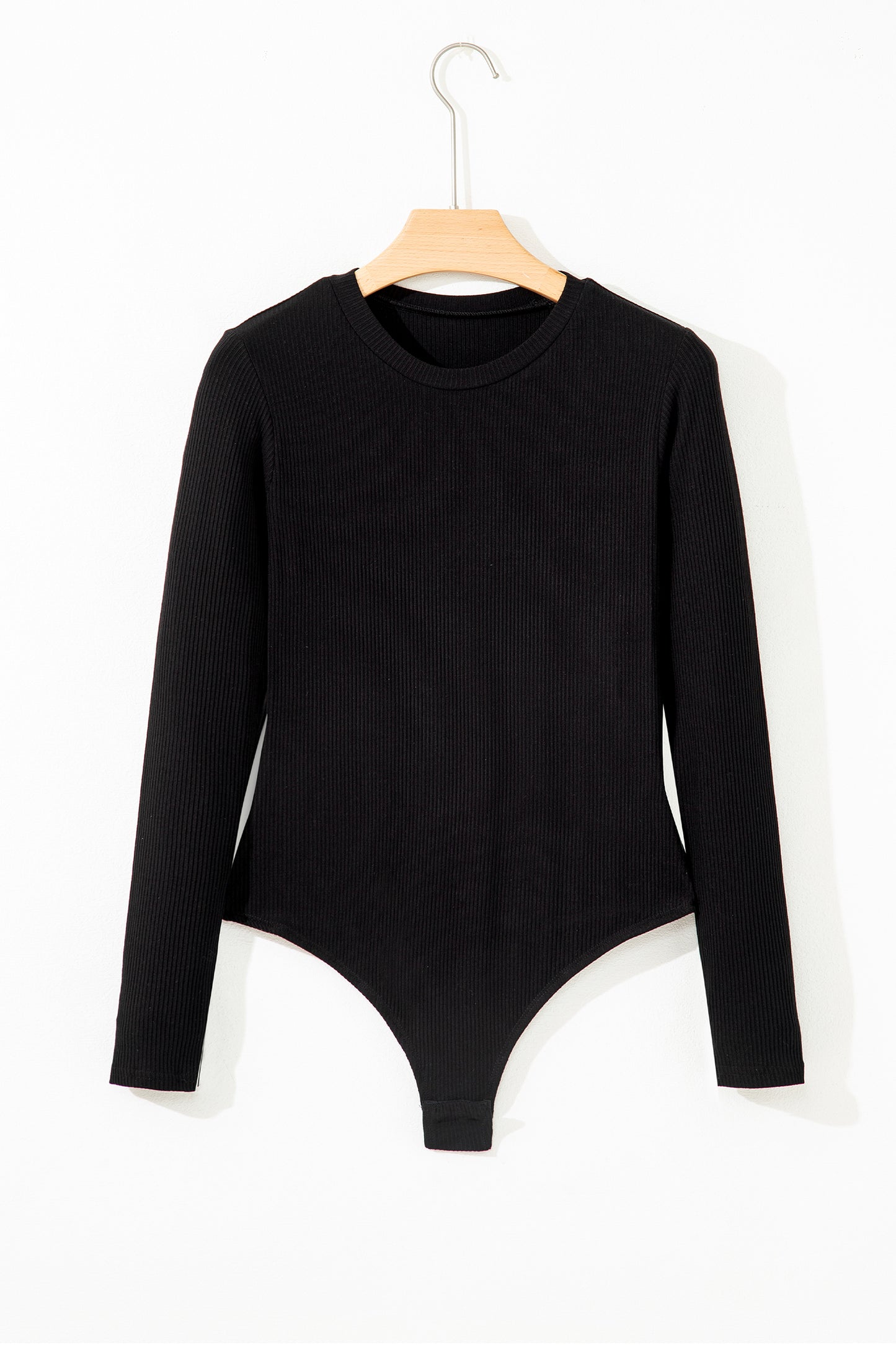 Black Ribbed Long Sleeve Crew Neck Solid Color Bodysuit
