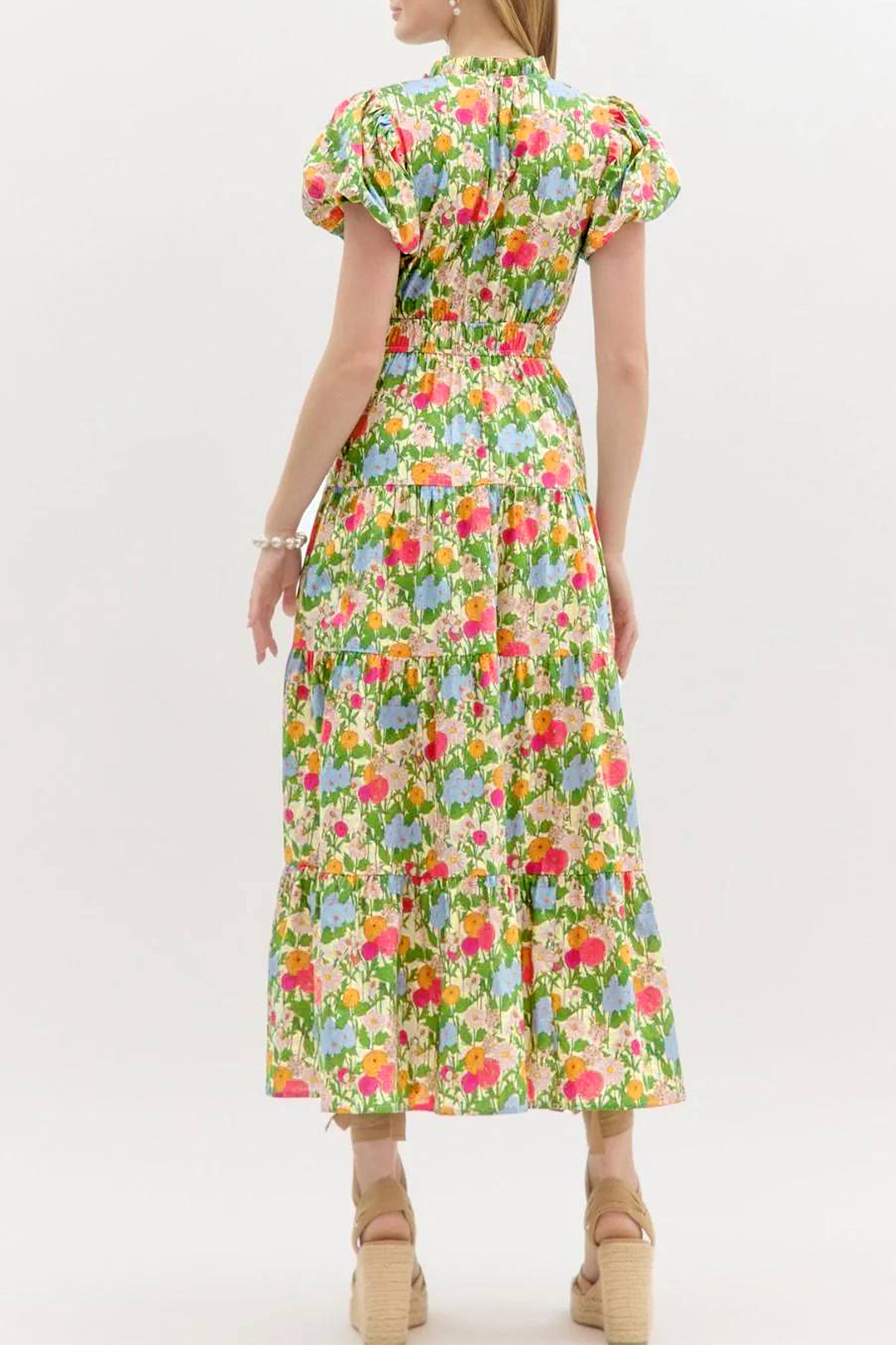 Floral V-Neck Short Puff Sleeve Maxi Dress