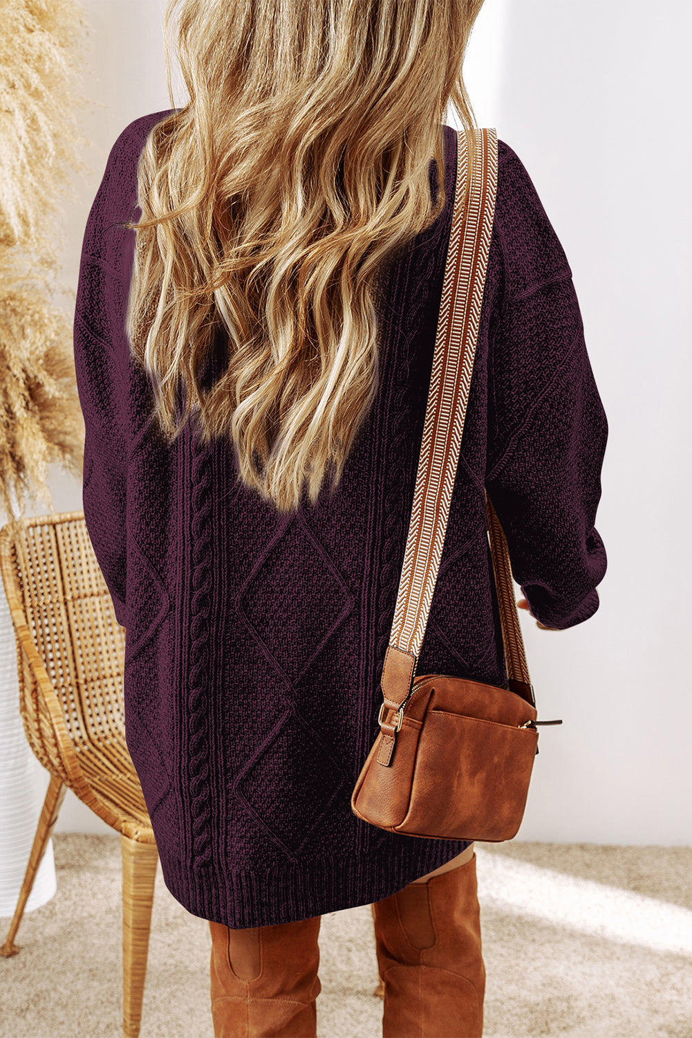 Coffee Cable Knit Drop Shoulder Loose Fit Sweater Dress