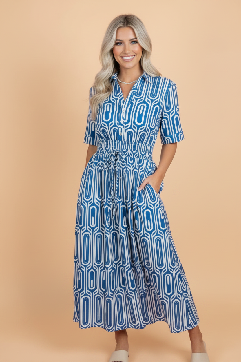 Geometric Drawstring Waist Short Sleeve Midi Dress