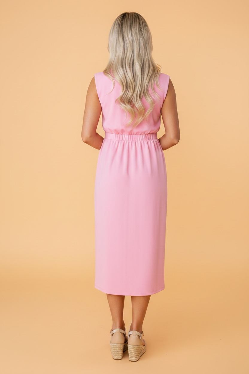Solid Zip Up V-Neck Sleeveles Midi Dress