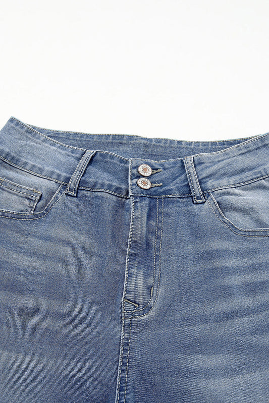 Sky Blue Double Button Raw Hem Slim Fit Jeans